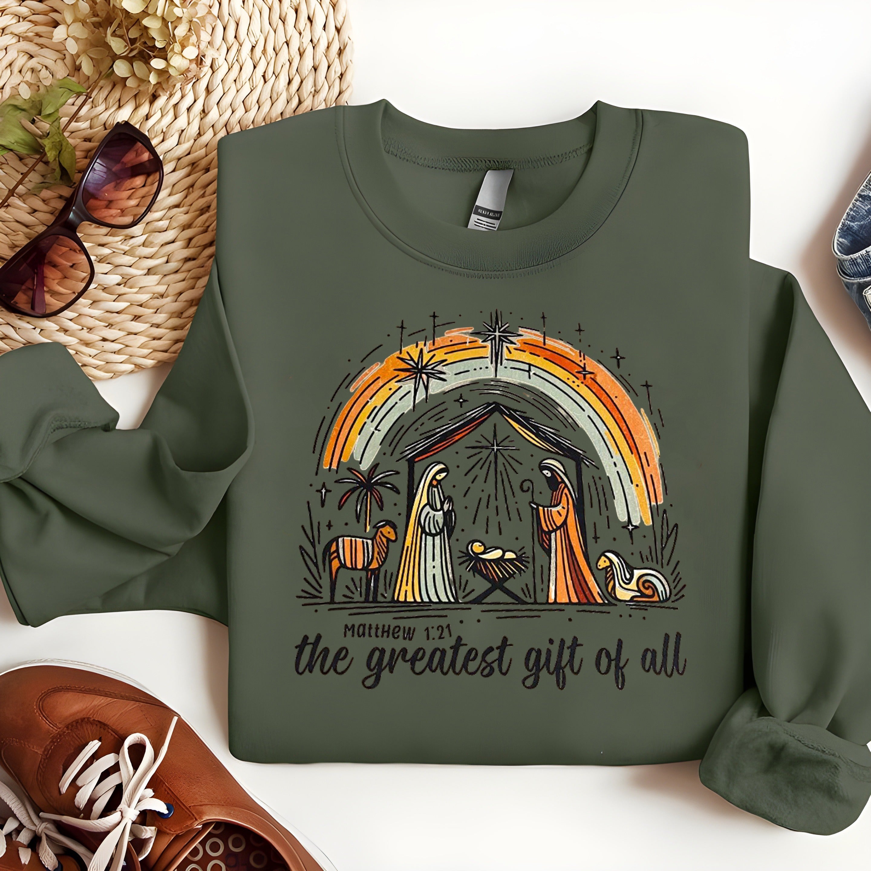 Nativity Scene Christian Christmas Sweatshirt, Matthew 1:21 Bible Verse Pullover, Greatest Gift of All Religious Crewneck